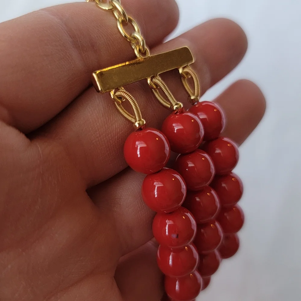 Talbots Signed Red and Gold Three Strand Beaded Necklace
